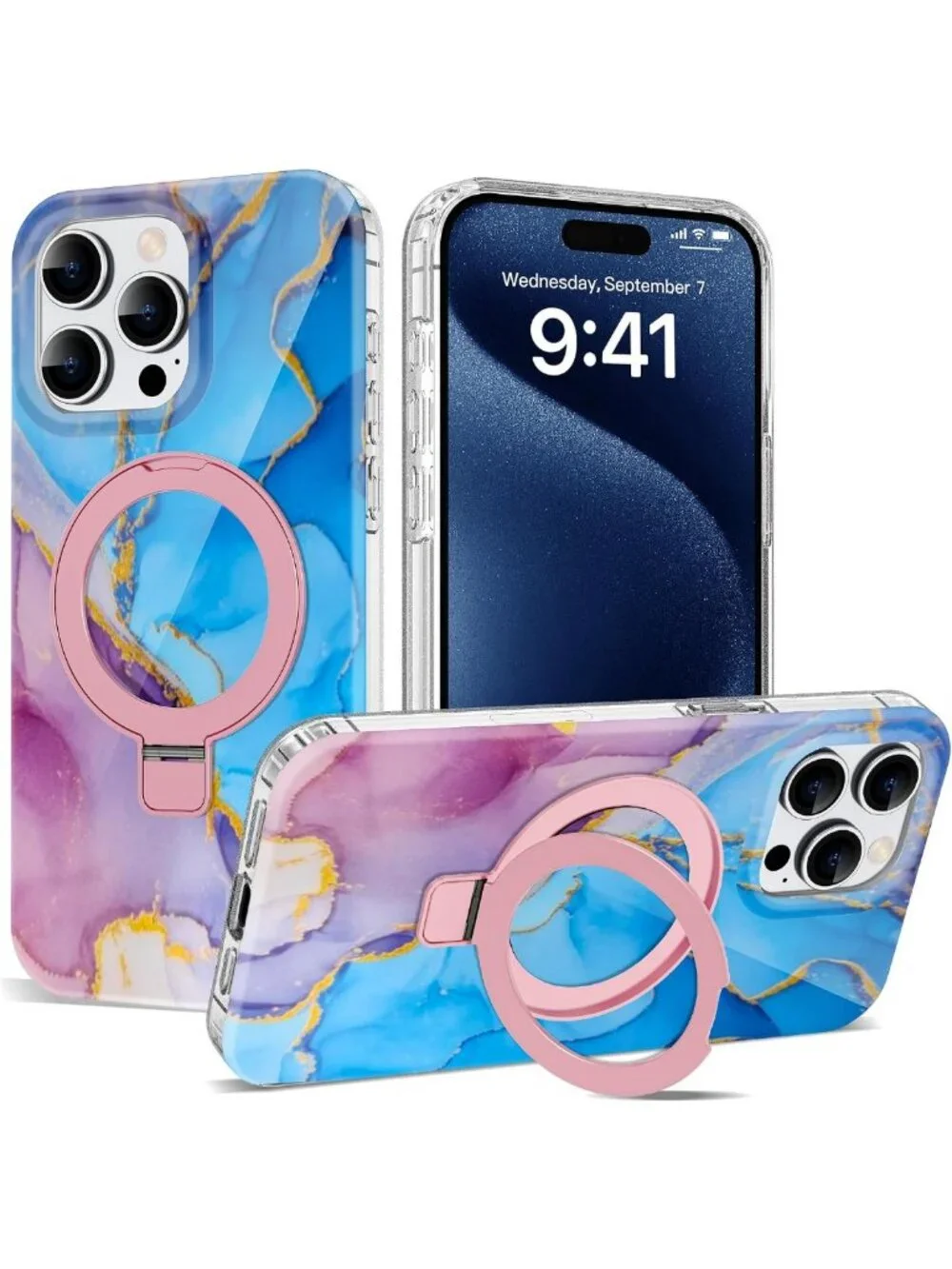 Marble Pattern iPhone 13 Pro Max Case with Magnetic Ring Stand - TPU, Mag-Safe
